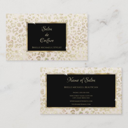 トレンディーホワイト金ゴールドグリッターヒョウ印刷ヘアサロン 名刺 (正面/裏面)