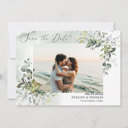 トレンディーボホの緑の葉ユーカリ葉 セーブザデート (正面)