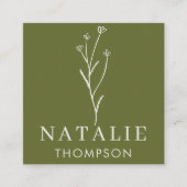 トレンディーボホシックミニマリストオリーブグリーンフラワー スクエア名刺 (正面)