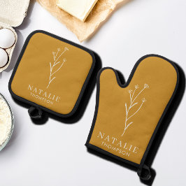 トレンディーボホシックミニマルカスタムリストマスタードイエロー 鍋つかみ&鍋敷きセット