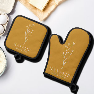 トレンディーボホシックミニマルカスタムリストマスタードイエロー 鍋つかみ&鍋敷きセット