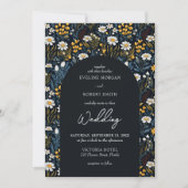 トレンディーボホホワイトデイジーワイルドフラワーネイビーアーチ 招待状 (正面)