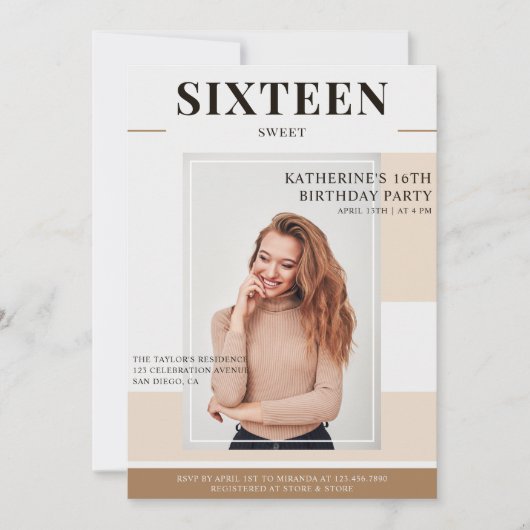トレンディーマガジンカバー写真スウィート16誕生日 招待状 (正面)