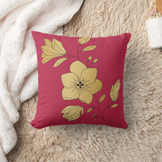 トレンディーマゼンタおよび金ゴールドフローラ装飾用クッション クッション (ブランケット)