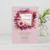 トレンディーマゼンタの花と金ゴールドの枠結婚の数 招待状 (スタンド正面)