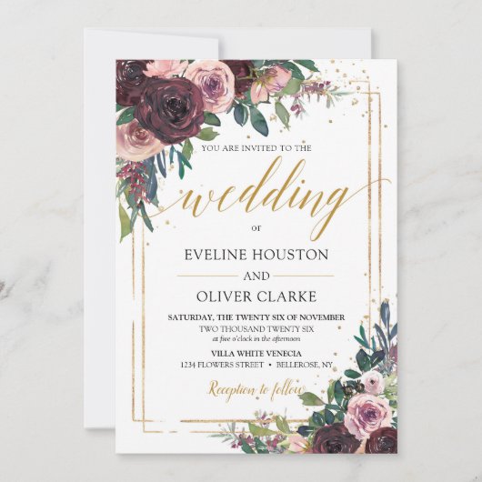 トレンディーマブバラほこりっぽいピンクの花金ゴールドグリッター 招待状 (正面)