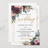 トレンディーマブバラほこりっぽいピンクの花金ゴールドグリッター 招待状 (正面/裏面)