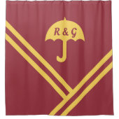 トレンディーマルーン金ゴールドストライプアンブレライニシャル シャワーカーテン (正面)