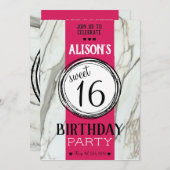トレンディーマーブルピンク明るい赤紫色10代の若者sweet 16カード 招待状 (正面/裏面)