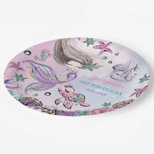 トレンディーマーメイドシータートル&ナーファル誕生日 ペーパープレート (アングル)