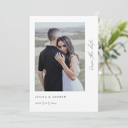 トレンディーミニマルなスクリプトフォトQRコード セーブザデート (スタンド正面)