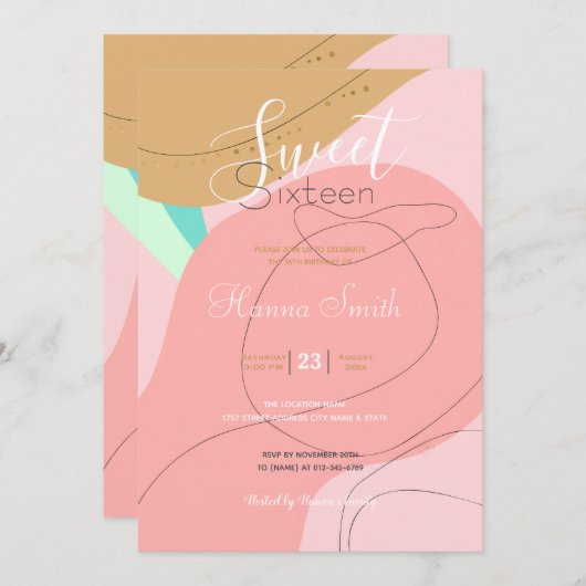 トレンディーミニマルラインクリエイティブ抽象芸術ピンクデザイン 招待状 (正面/裏面)