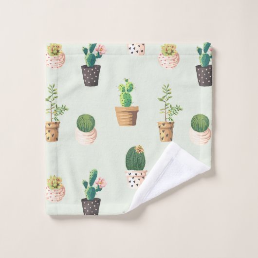 トレンディーミントの背景にキュートな多肉果サボテン バスタオルセット (ウォッシュタオル)