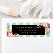 トレンディーミントグリーンストライプピンク花ラッピング ラベル (インサイチュ)