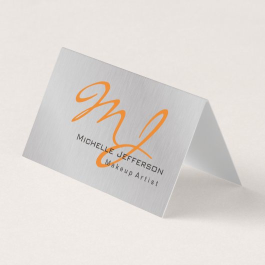 トレンディーメイクアップアーティストシルバーグレーオレンジモノグラム 名刺 (正面)