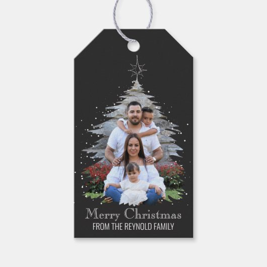 トレンディーメリークリスマスツリーシルエットフォトグレー ギフトタグ (正面)
