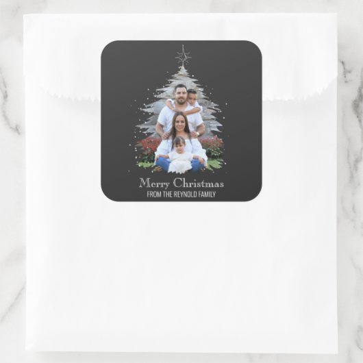 トレンディーメリークリスマスツリーシルエットフォトグレー スクエアシール (バッグ)