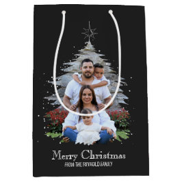 トレンディーメリークリスマスツリーシルエットフォトグレー ミディアムペーパーバッグ