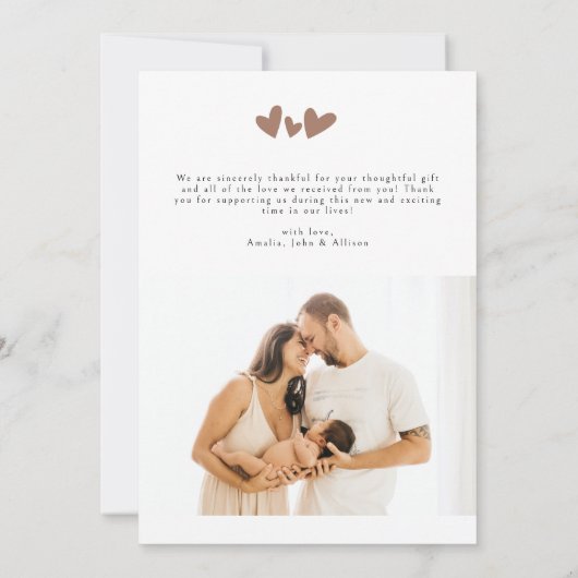トレンディーモカハート2モダンフォトベビーシャワー サンキューカード (裏面)