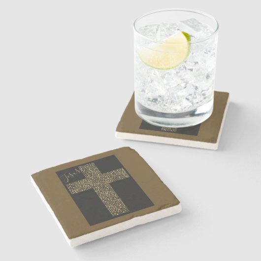 トレンディーモダンイエズス金ゴールドクロスブラウン ストーンコースター (横)