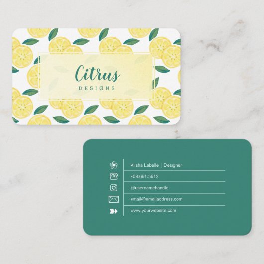 トレンディーモダンイエローシトラスレモン果柄 名刺 (正面/裏面)