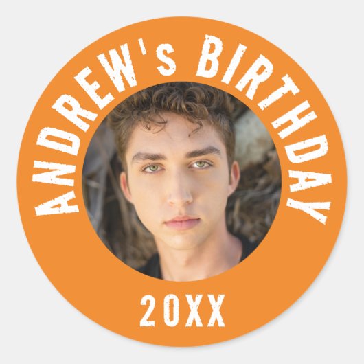 トレンディーモダンオレンジフォトバースデーパーティー ラウンドシール (正面)