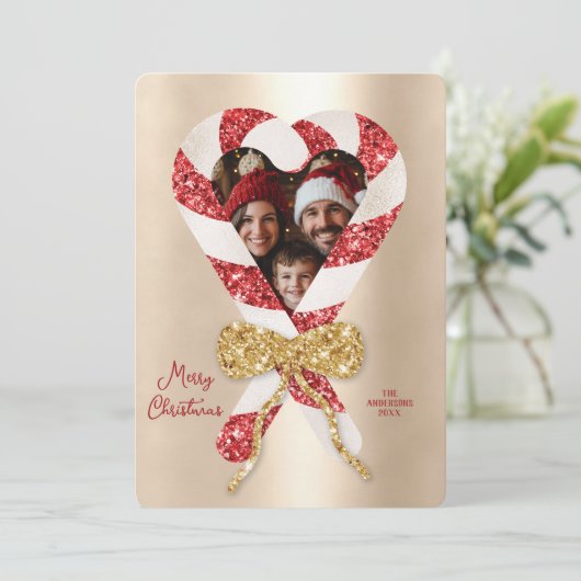 トレンディーモダンキャンディーケインフレーム写真クリスマスクリスマス 招待状 (スタンド正面)