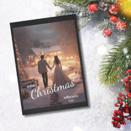 トレンディーモダンクリスマスカップル写真雪コテージ シーズンカード