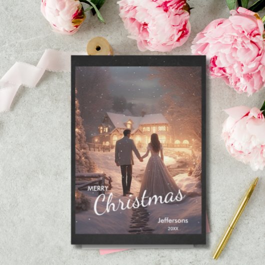 トレンディーモダンクリスマスカップル写真雪コテージ シーズンカード