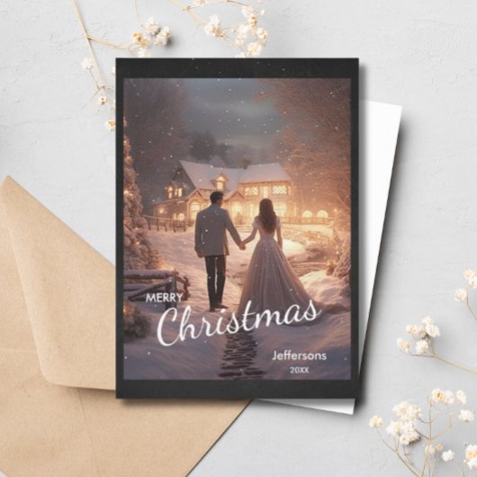 トレンディーモダンクリスマスカップル写真雪コテージ シーズンカード