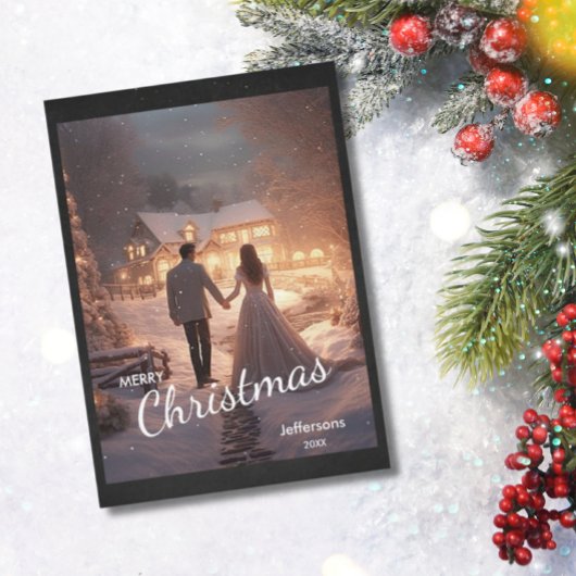 トレンディーモダンクリスマスカップル写真雪コテージ シーズンカード