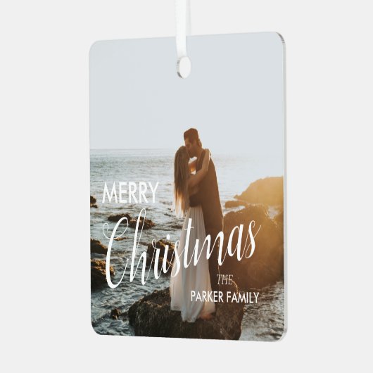 トレンディーモダンクリスマスダークなカップルの写真 メタルオーナメント (正面左)