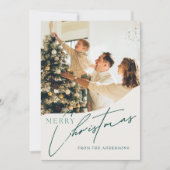 トレンディーモダングリーンメリークリスマス家族の写真 シーズンカード (正面)