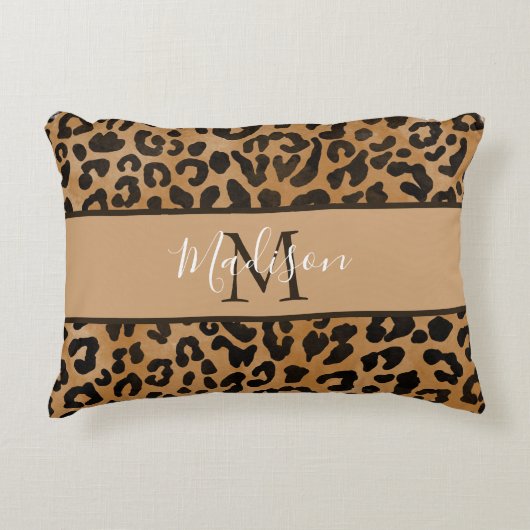 トレンディーモダンシックヒョウ柄モノグラム名 アクセントクッション (正面)