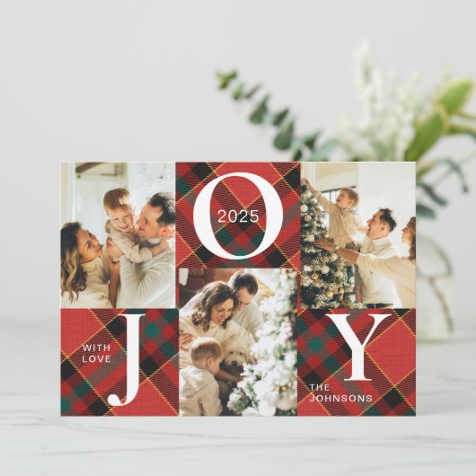 トレンディーモダンジョイ赤と緑のフォトクリスマス シーズンカード (スタンド正面)