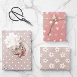 トレンディーモダンパステルベビーベアピンクチューペキュート ラッピングペーパーシート