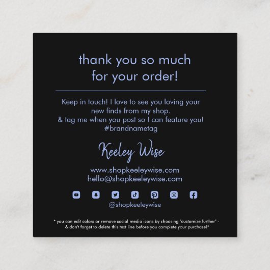 トレンディーモダンパープルオパール&金ゴールドありがとう スクエア名刺 (裏面)