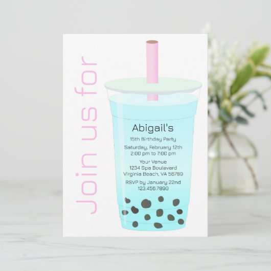 トレンディーモダンピンクアンドブルーボバティー誕生日 招待状 (スタンド正面)