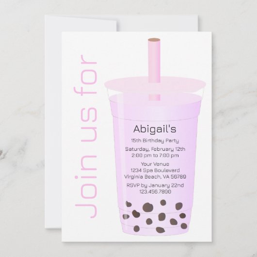 トレンディーモダンピンクアンドラベンダーボバティー誕生日 招待状 (正面)