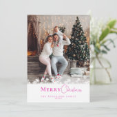 トレンディーモダンピンククリスマスフォトスノーフレーク シーズンカード (スタンド正面)