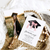 トレンディーモダンピンクボウ卒業キャップ卒業 招待状