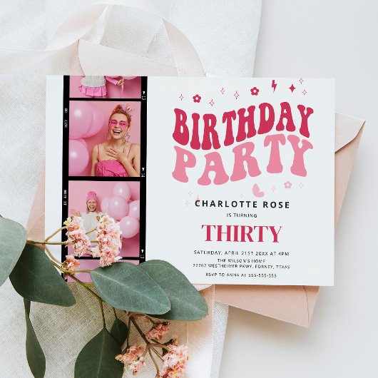 トレンディーモダンフォトストリップピンク誕生日パーティー 招待状