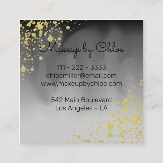 トレンディーモダンブラックグレイ金ゴールドスクエアメイクアップアーティスト スクエア名刺 (裏面)