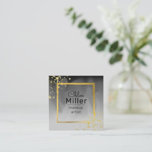 トレンディーモダンブラックグレイ金ゴールドスクエアメイクアップアーティスト スクエア名刺 (スタンド正面)