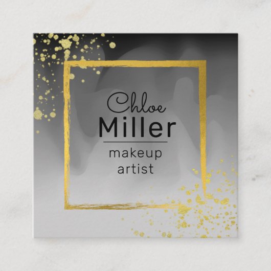 トレンディーモダンブラックグレイ金ゴールドスクエアメイクアップアーティスト スクエア名刺 (正面)