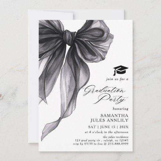 トレンディーモダンブラックボウ卒業パーティー 招待状 (正面)