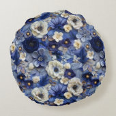 トレンディーモダンブルーホワイト3Dフローラルパターン ラウンドクッション (裏面)