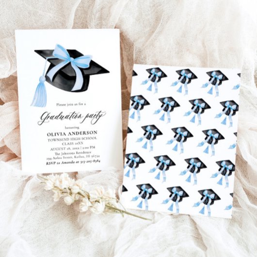 トレンディーモダンブルーボウ卒業キャップ卒業 招待状