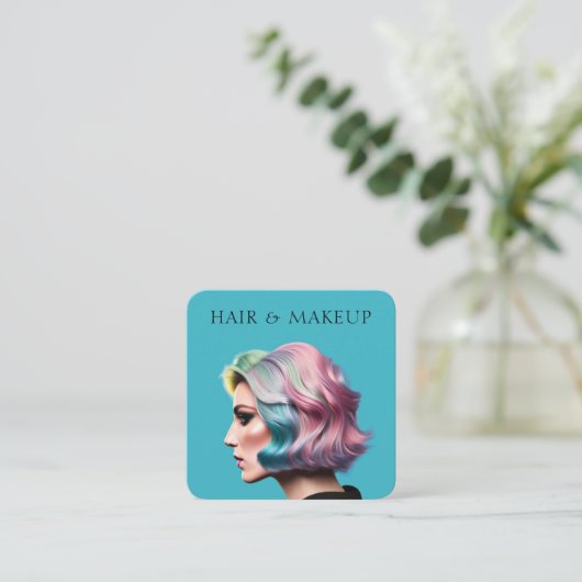 トレンディーモダンヘア&メイクアップアーティストブルー スクエア名刺 (スタンド正面)