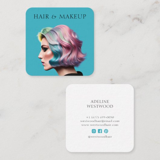 トレンディーモダンヘア&メイクアップアーティストブルー スクエア名刺 (正面/裏面)